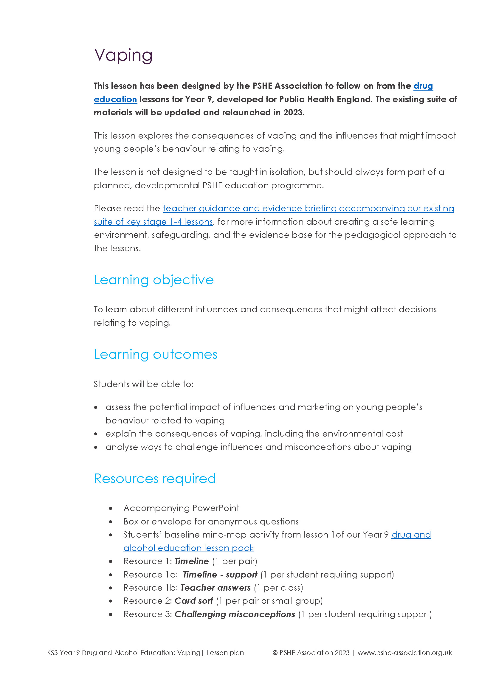 Vaping year 9 lesson pack